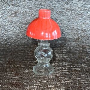 Vintage Miniature Oil Lamp Perfume Bottle Pink/Coral Plastic Shade